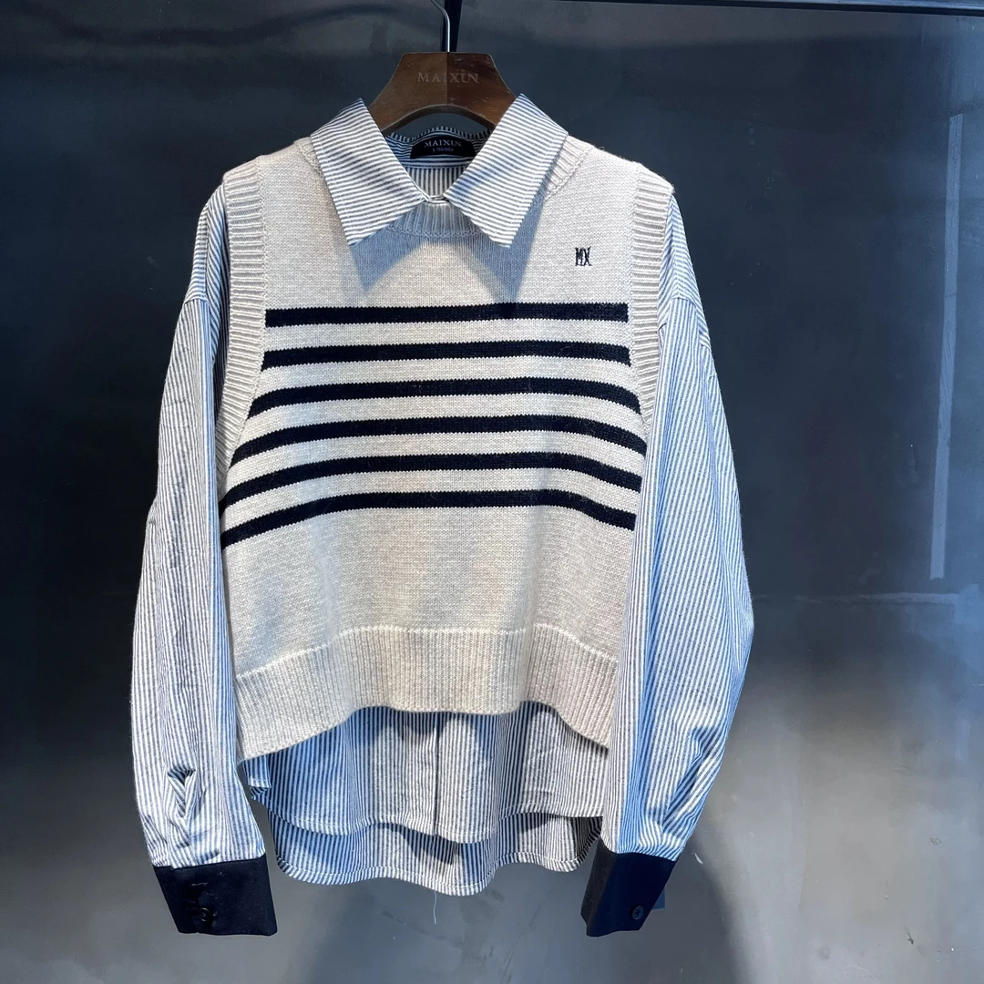 麦寻冬季新款LJEZQ004奶油白色纯棉条纹衬衫马甲