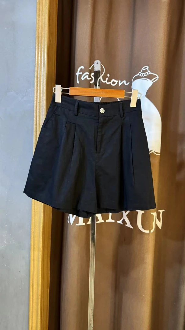 麦寻女装简约纯色高腰短裤女夏季显瘦百搭休闲松紧腰短裤