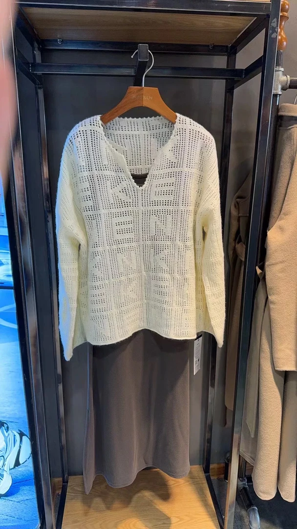 麦寻专柜正品24春款TZQAQ010韩版v领镂空网格上衣针织连衣裙套装