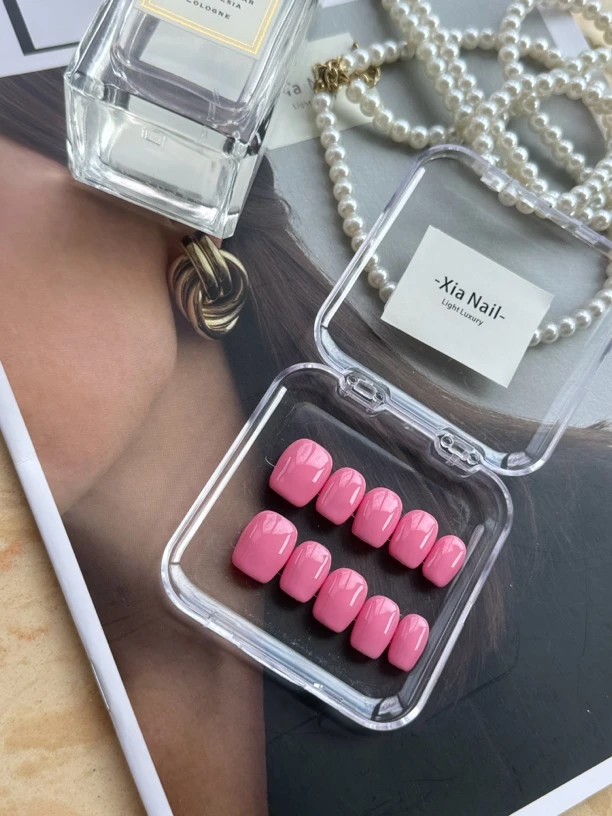 夏夏家纯手工短短粉色马卡龙芭比粉穿戴甲甲片轻奢高级感美甲