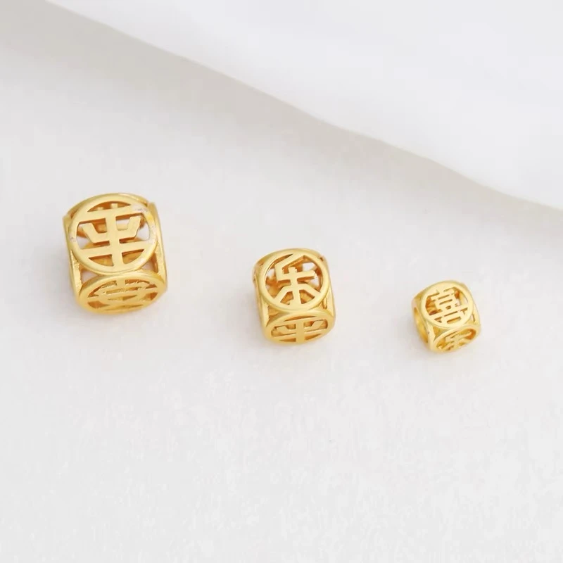 18k包金哑金保色镂空平安喜乐立体10mm正方形隔珠手链diy饰品配件