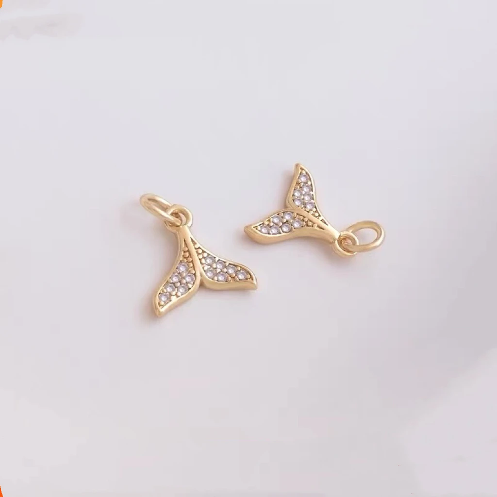 铜合金吊坠 14K包金保色微镶锆石小号鱼尾吊坠美人鱼尾巴挂件diy