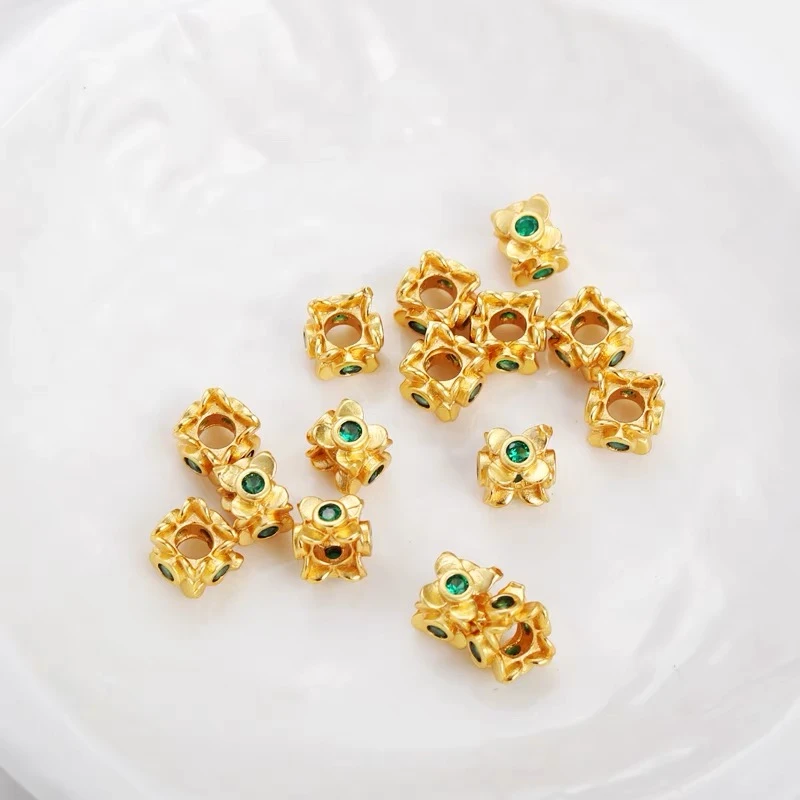 18k哑金保色锆石古法金立体6*5mm方形花形方珠隔手链diy饰品配件