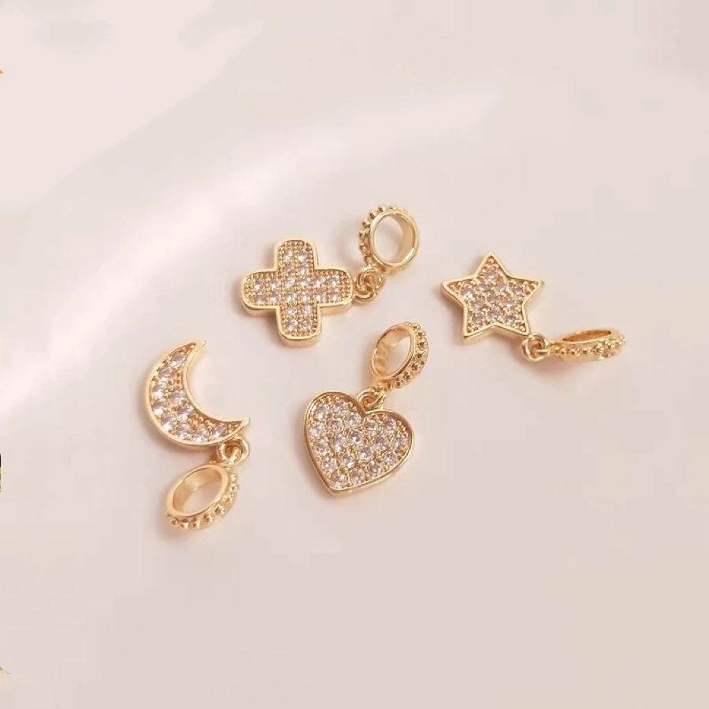 铜合金吊坠 14K包金微镶锆石星星月亮吊坠手工diy手链挂件项坠