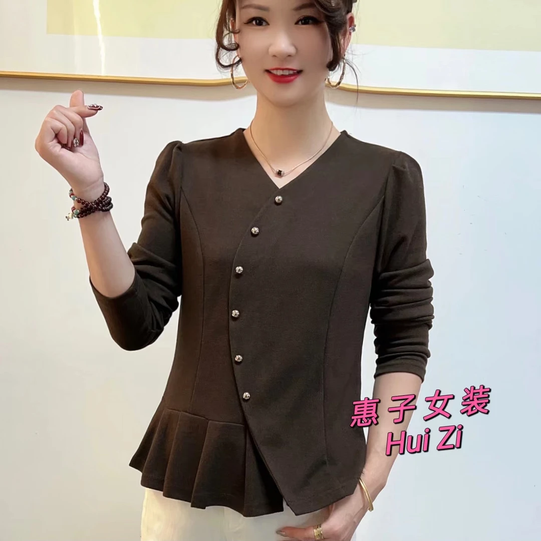 气质正肩V领长袖小衫T恤女秋季纯色遮肚子不规则花边显瘦打底衫女