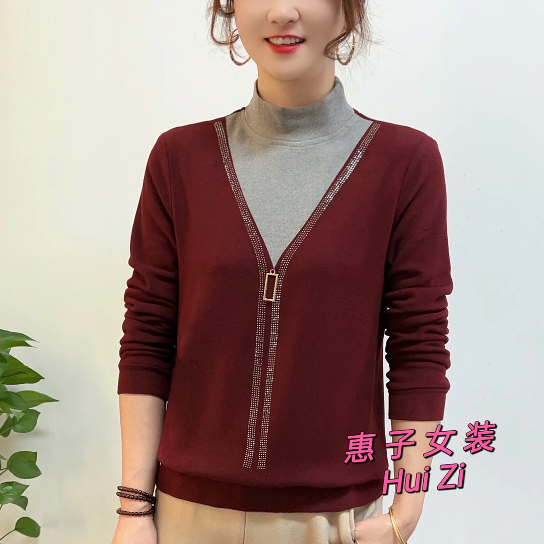 秋冬新款时尚烫钻假两件加厚保暖长袖打底衫中年女装气质百搭上衣