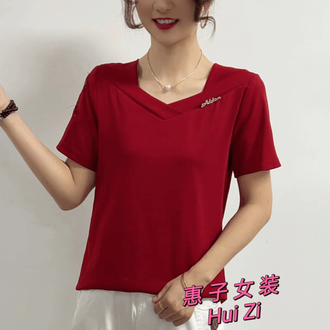 夏季时尚2024洋气新品纯色拼接V领百搭显瘦气质短袖T恤女士小衫