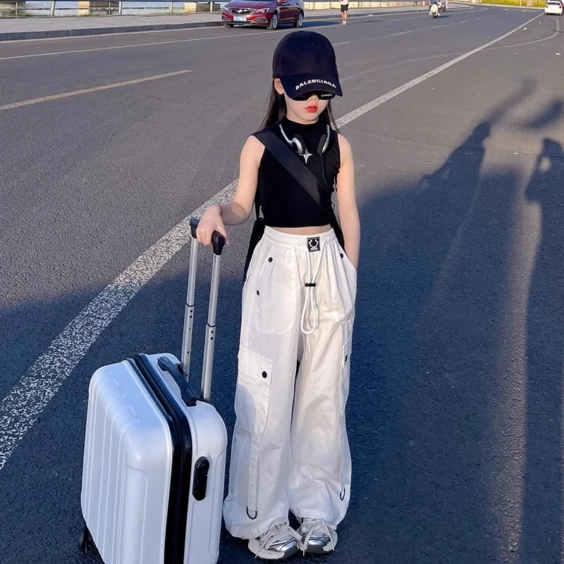 女童工装裤夏季薄款速干美式直筒中大童高腰爵士休闲裤2024新款洋