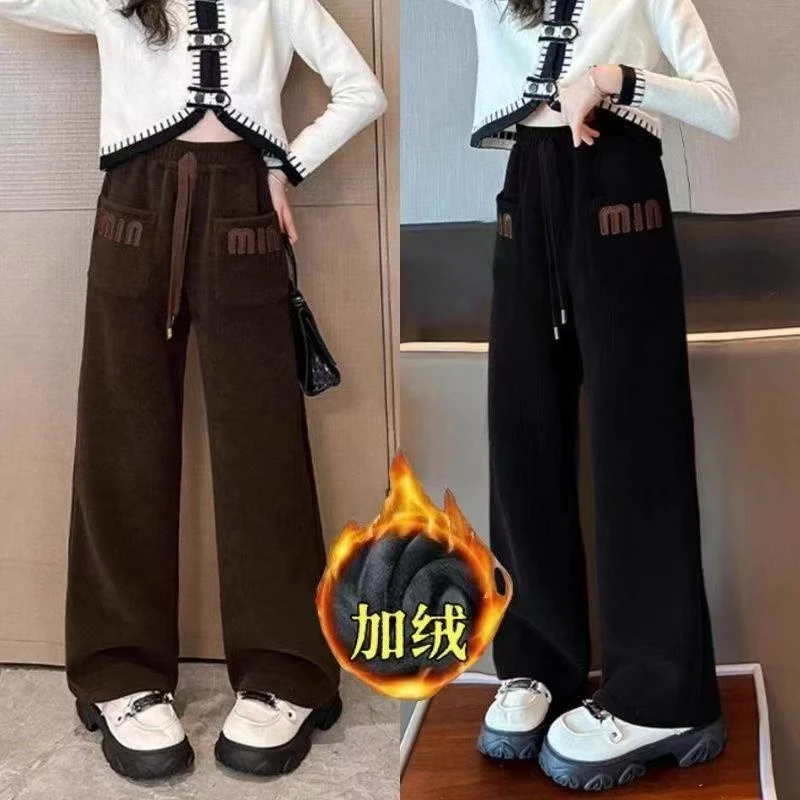 女童加绒裤子秋冬时尚百搭直筒裤中大童女孩冬季外穿宽松休闲裤潮