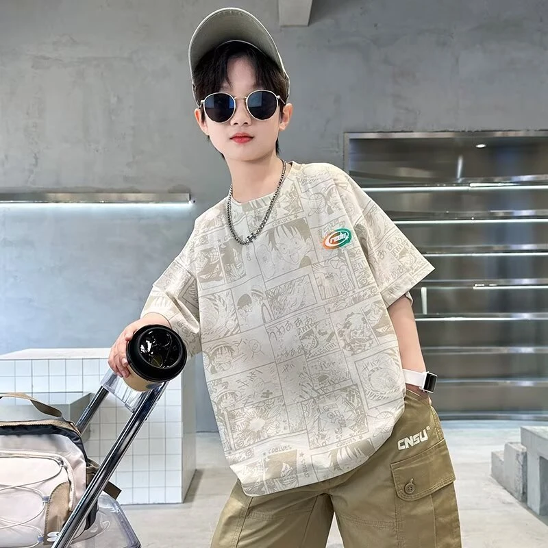 男童夏短袖T恤2024新款中大童洋气时髦休闲炸街半袖短T儿童印花衫