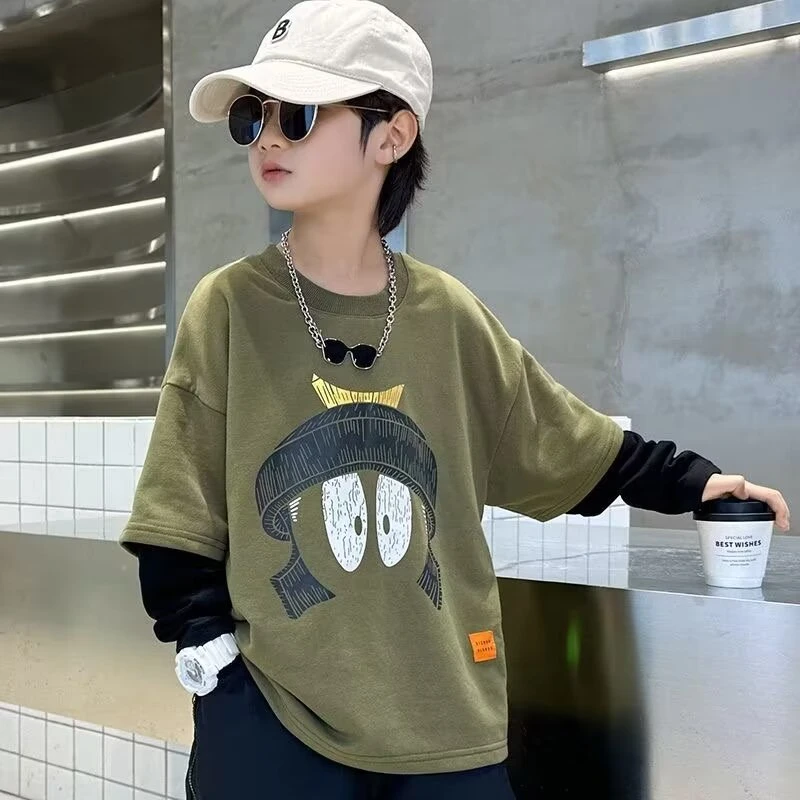 长袖秋款秋季休闲帅气男童时尚假两件秋装儿童洋气韩版印花中大童