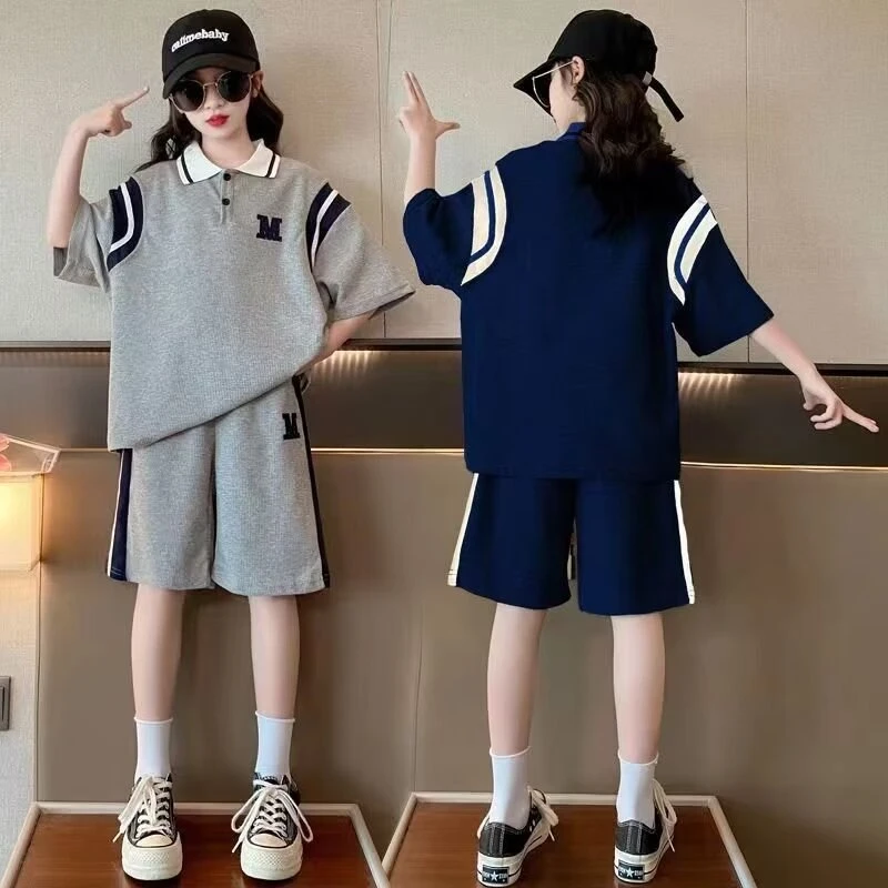 女童套装学生Polo衫五分裤两件套夏季新款中大童时髦帅气运动套装