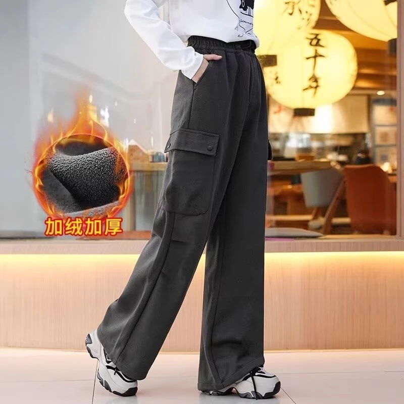 女童工装裤2024秋冬新款女孩大童8-18岁青少年直筒运动加绒休闲裤