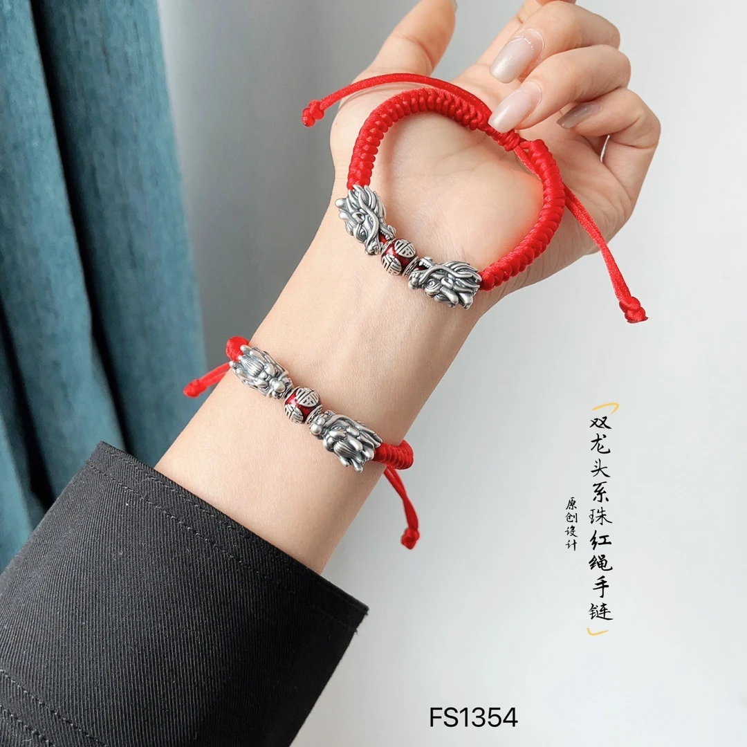 足银手链 原创设计足银3D双龙头戏福珠编织手链国风双龙本命年绳