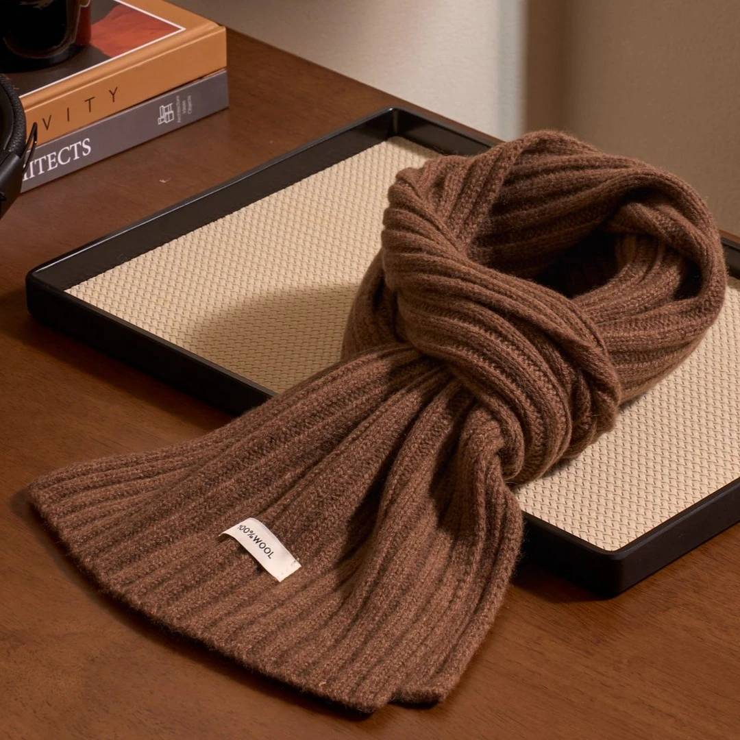 Y2407秋冬纯羊毛保暖竖条纹纯色百搭围巾