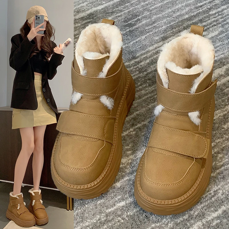 东北抗寒保暖厚底雪地靴女2023冬季新款简约魔术贴保暖毛毛棉鞋潮