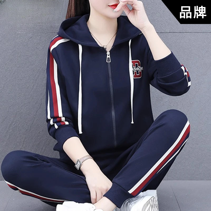 春秋季运动服套装女春秋新款时尚中年连帽开衫卫衣休闲跑步两件套