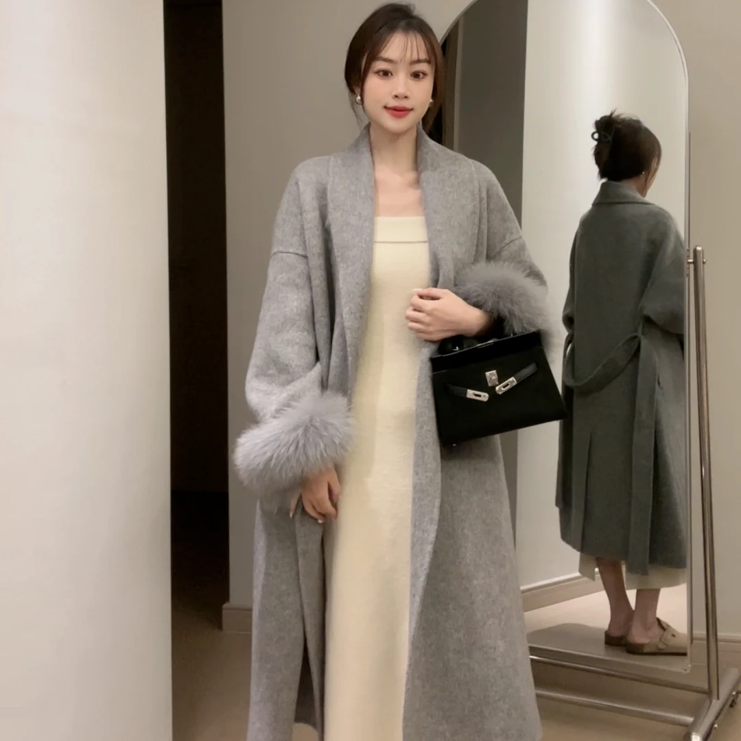 周周专属【冬日暮雪 】韩系阔版双面手缝宽松羊毛大衣 气质女 外套