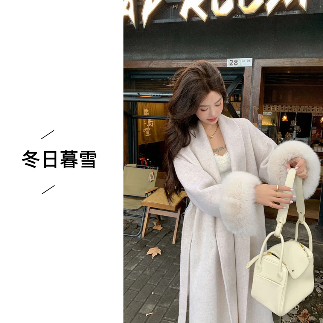 丝贵纯都【 冬日暮雪】升级版100狐狸毛双面手缝宽松羊毛大衣 W