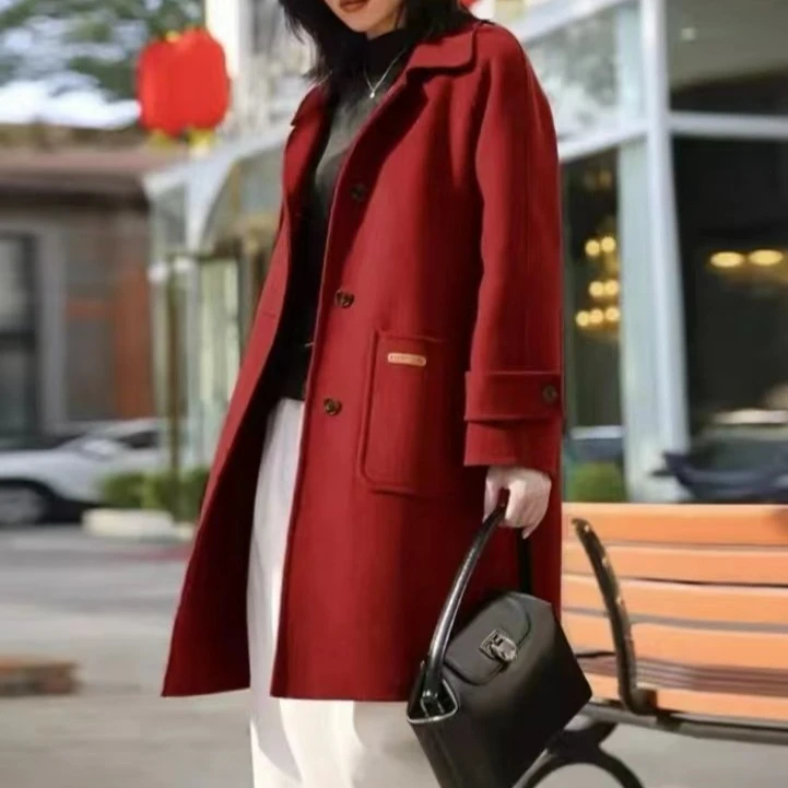 繁花专属【皮标款 】2023时尚百搭中长款双面羊毛大衣外套