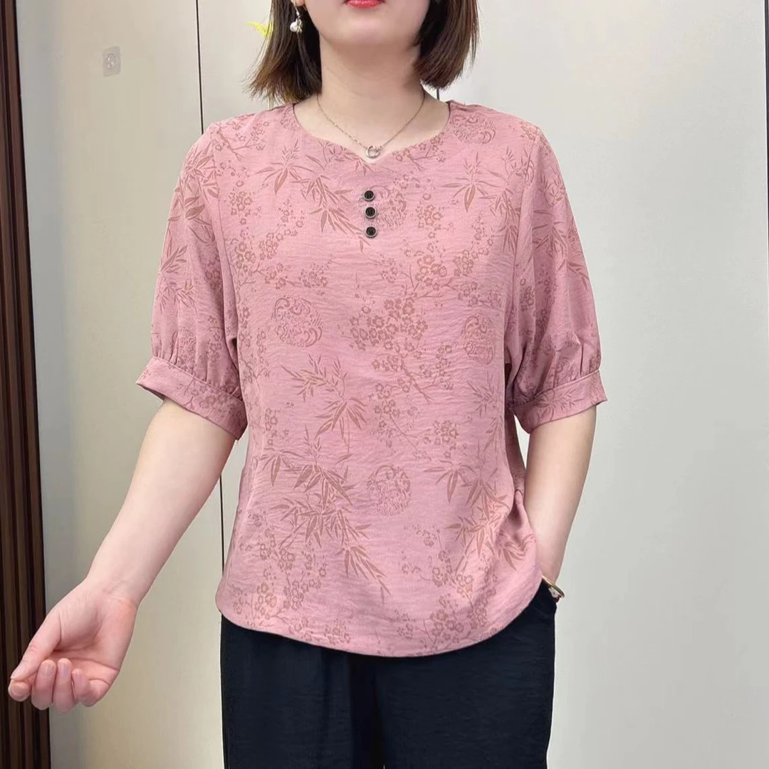 2024夏季新款宽松印花V领5分袖T恤百搭显瘦上衣