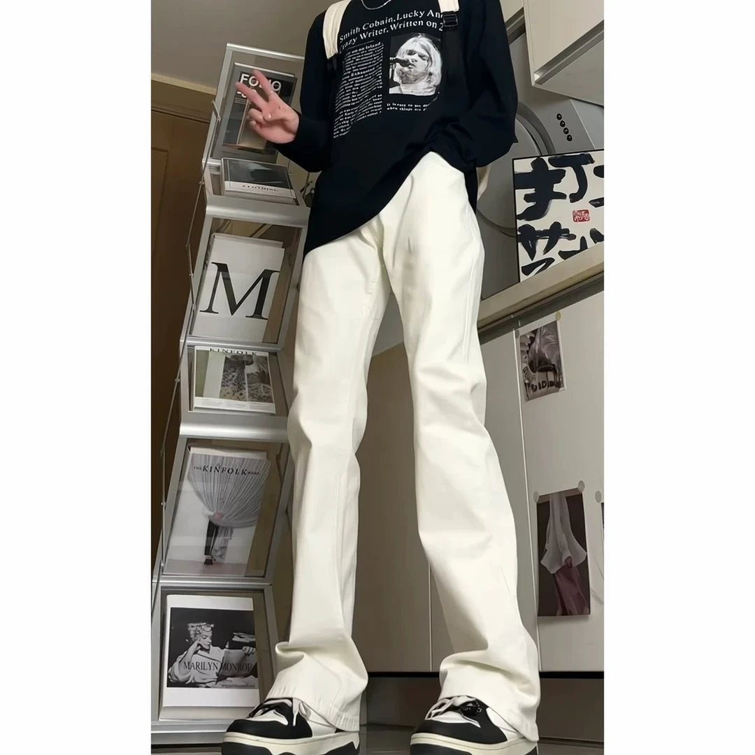 340白色牛仔裤男款美式高街vibe修身直筒裤潮牌夏季弹力显瘦微喇