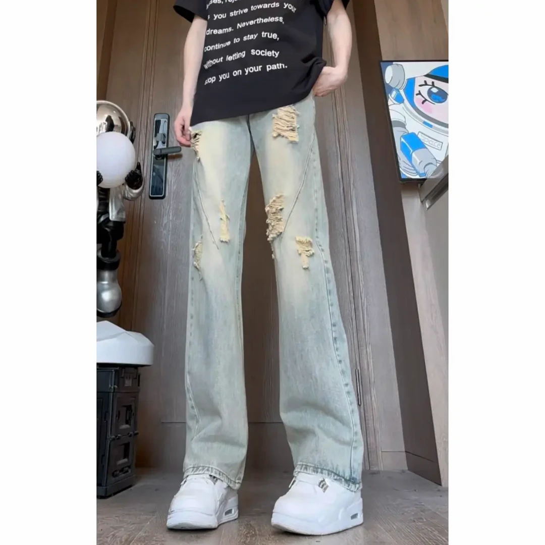 【99】夏季流行微喇高街牛仔裤男生破洞浅蓝色男女同款百搭牛仔长裤