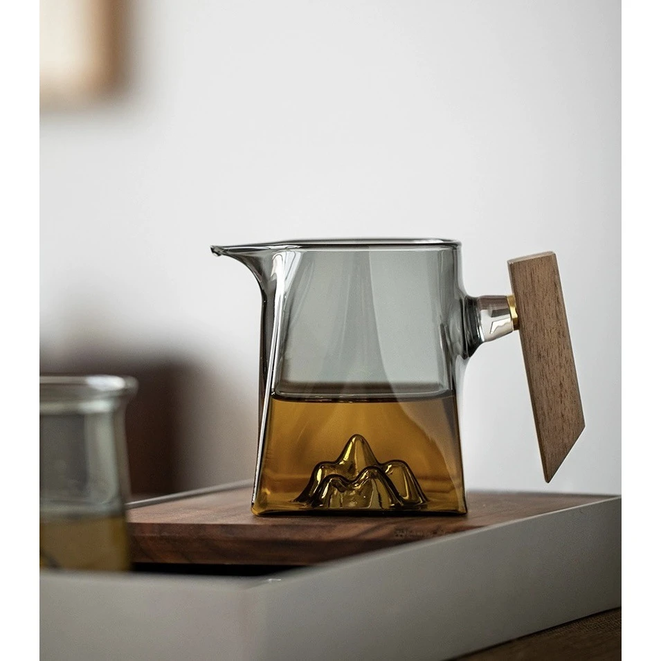 家用木把玻璃观山四方公道杯茶漏一体公杯茶滤套装茶具配件分茶器