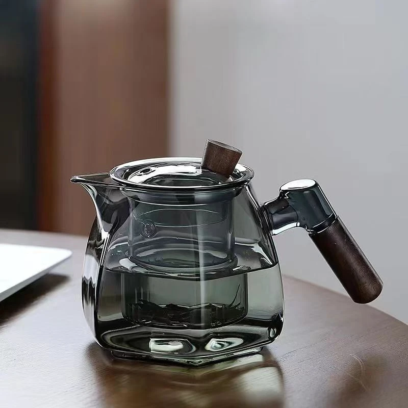 玻璃茶壶胡桃木家用高硼硅玻璃壶茶水分离透黑侧木把过滤茶器