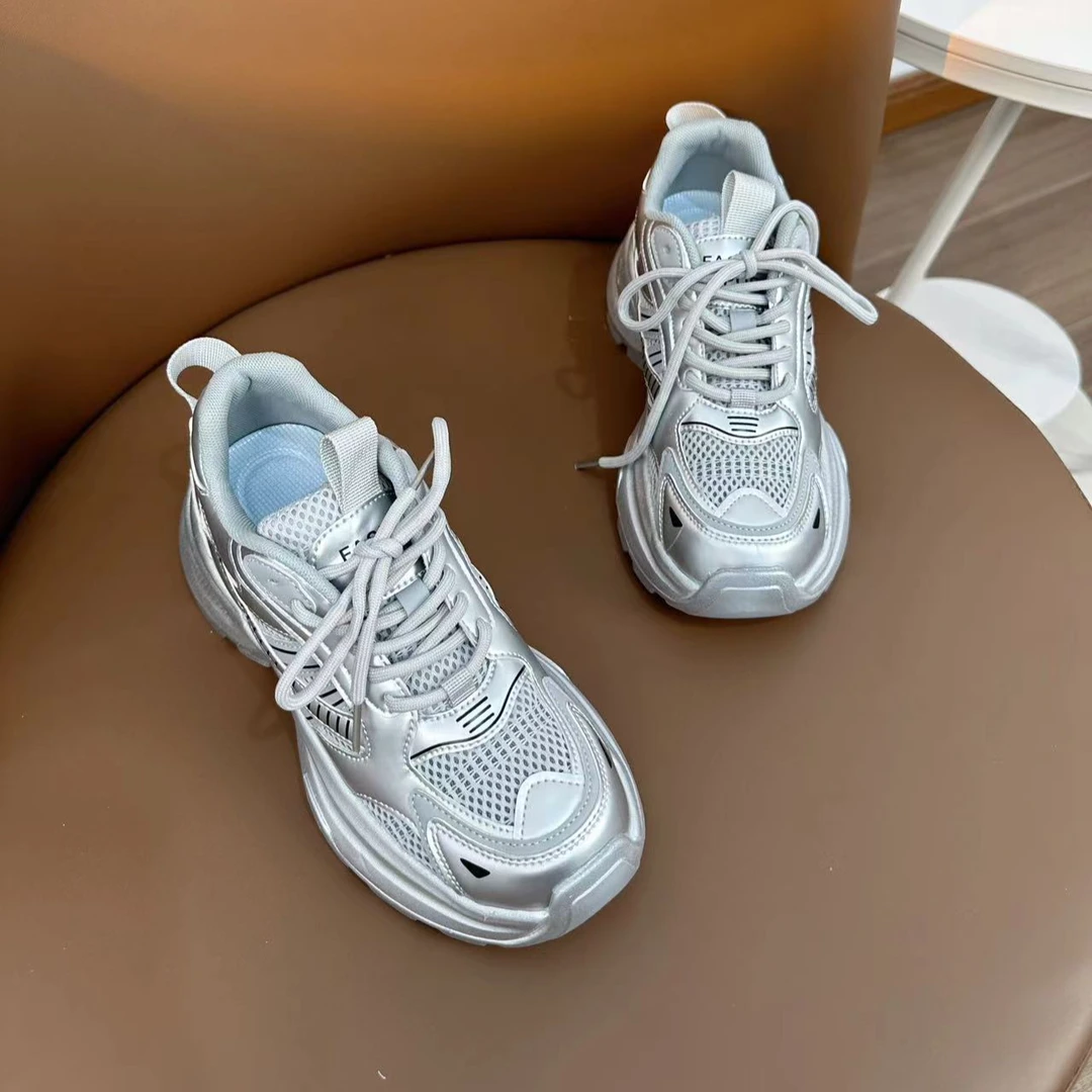 银色老爹鞋女2024新款夏季显脚小网面透气运动鞋休闲厚底增高女鞋