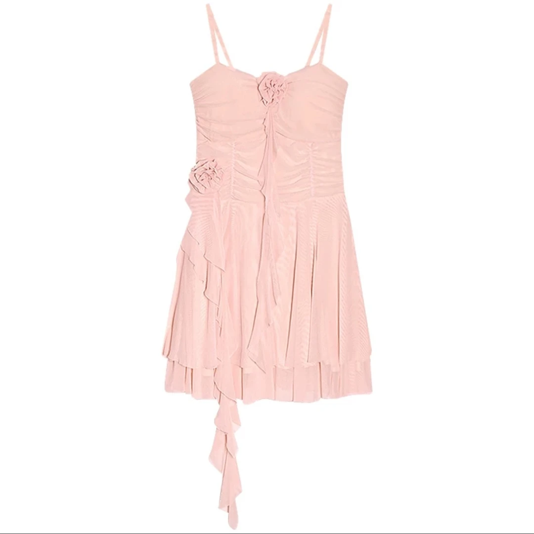 【80-150斤】辣妹纯欲风吊带立体花朵收腰显瘦网纱睡裙