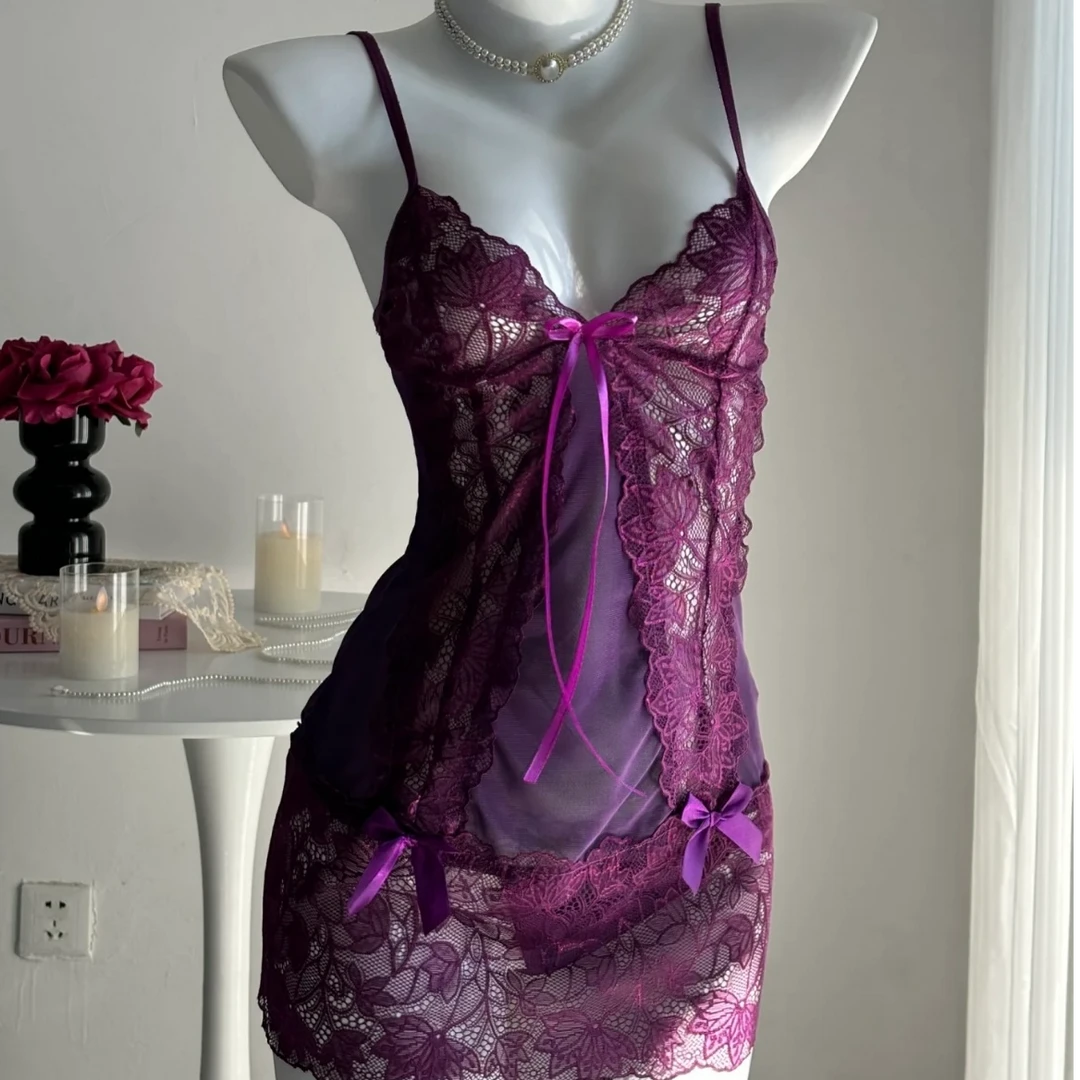 微醺葡萄【80-130斤】紫色纯欲性感镂空蕾丝小吊带