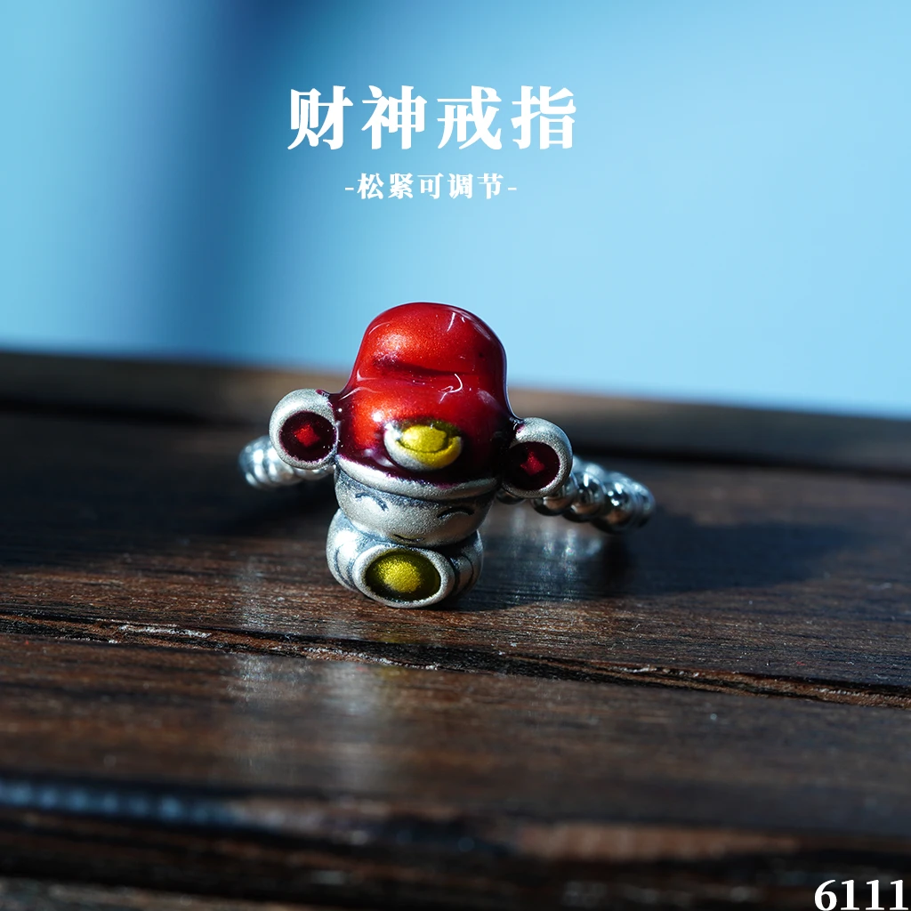 足银戒指 苗乐足银999做旧财神小元宝戒指可调节小众设计气质