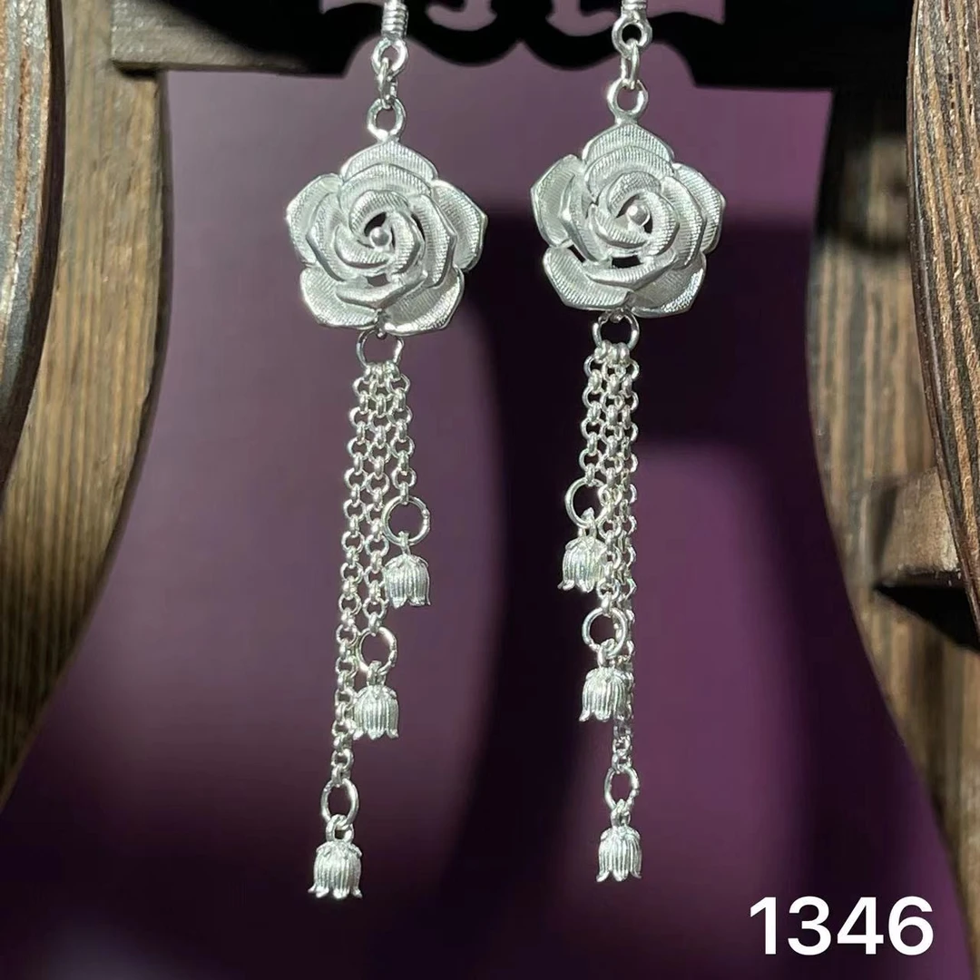 足银耳饰 苗乐足银玫瑰花铃兰流苏耳环长款气质显瘦百搭简约