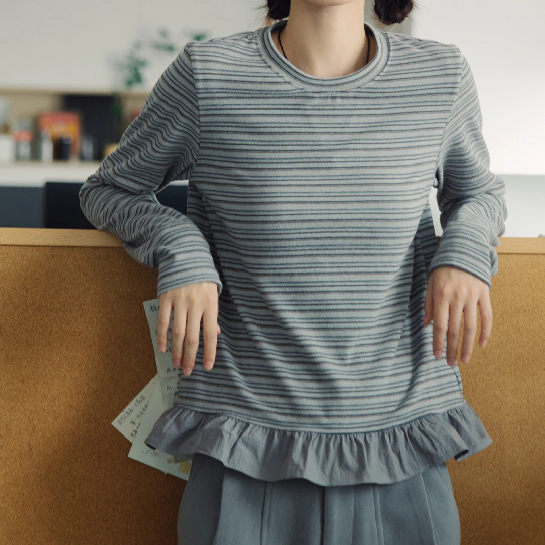 【涟漪长T】步履不停 秋冬保暖弹力条纹德绒拼接内搭长袖T恤 女