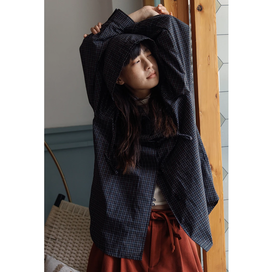 【野葡萄衬衫】步履不停 秋冬日系小格子纯棉连帽格纹衬衫上衣女