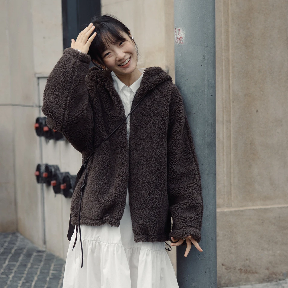 【开关羊羔毛外套】步履不停两面穿棕色羊羔毛保暖开衫外套冬款外套
