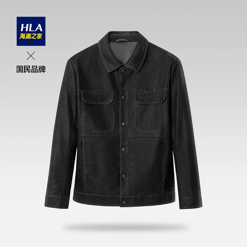 HLA/海澜之家黑色翻领工装风夹克植绒时尚简约舒适百搭休闲外套男