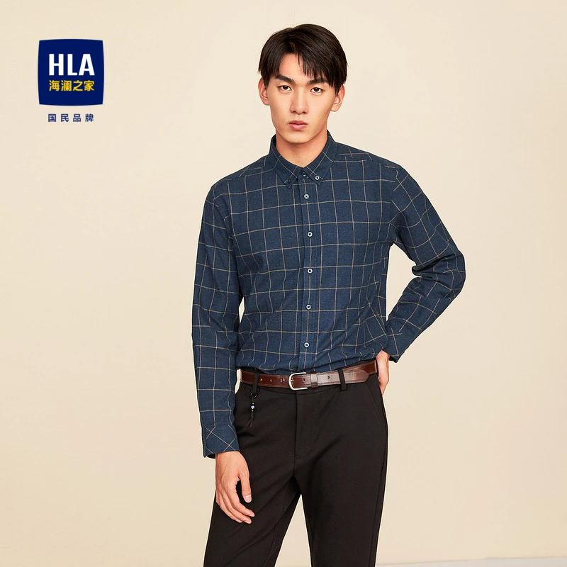 HLA/海澜之家男士尖领柔软大格子长袖舒适简约休闲衬衫