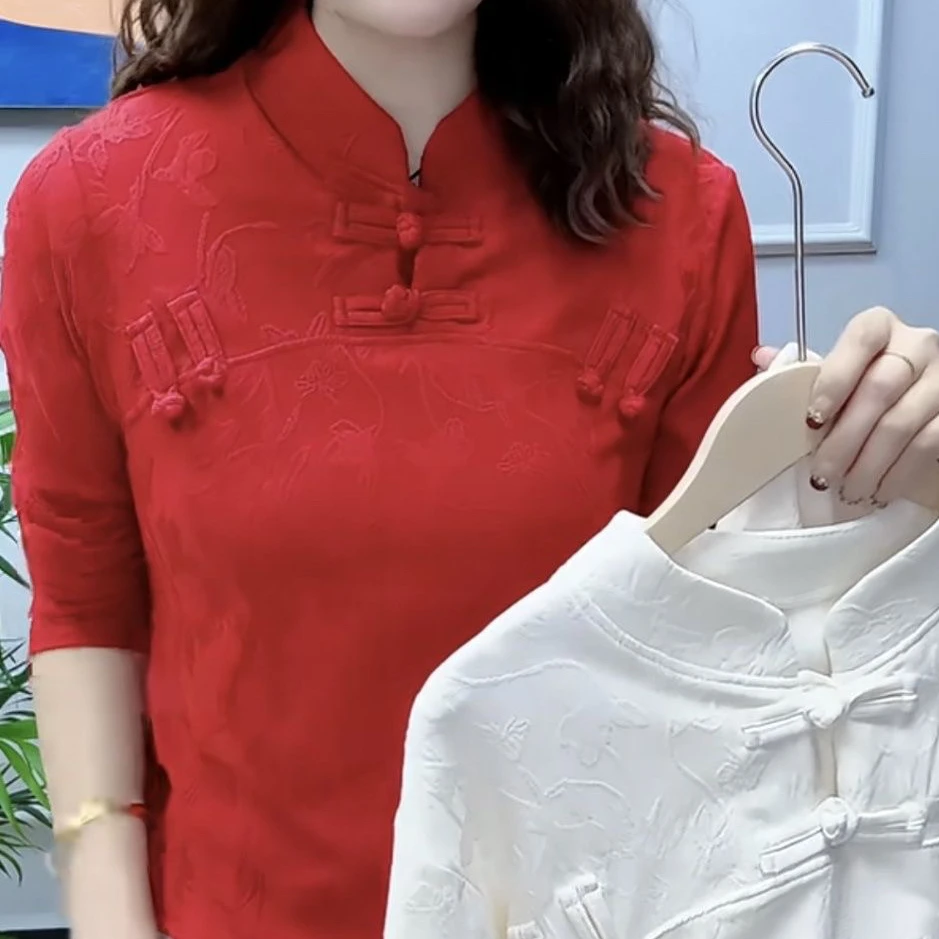 中国风盘扣洋气小衫复古民族风中式立领薄绒上衣显瘦遮肉时尚百搭