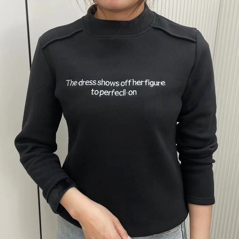 时尚百搭加绒打底衫加厚保暖半高领卫衣刺绣工艺简约大气修身高弹