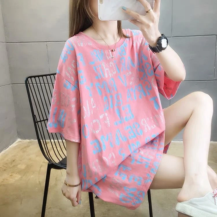 夏季中长款短袖棉T恤休闲百搭宽松显瘦大版女多重字母ins圆领半袖