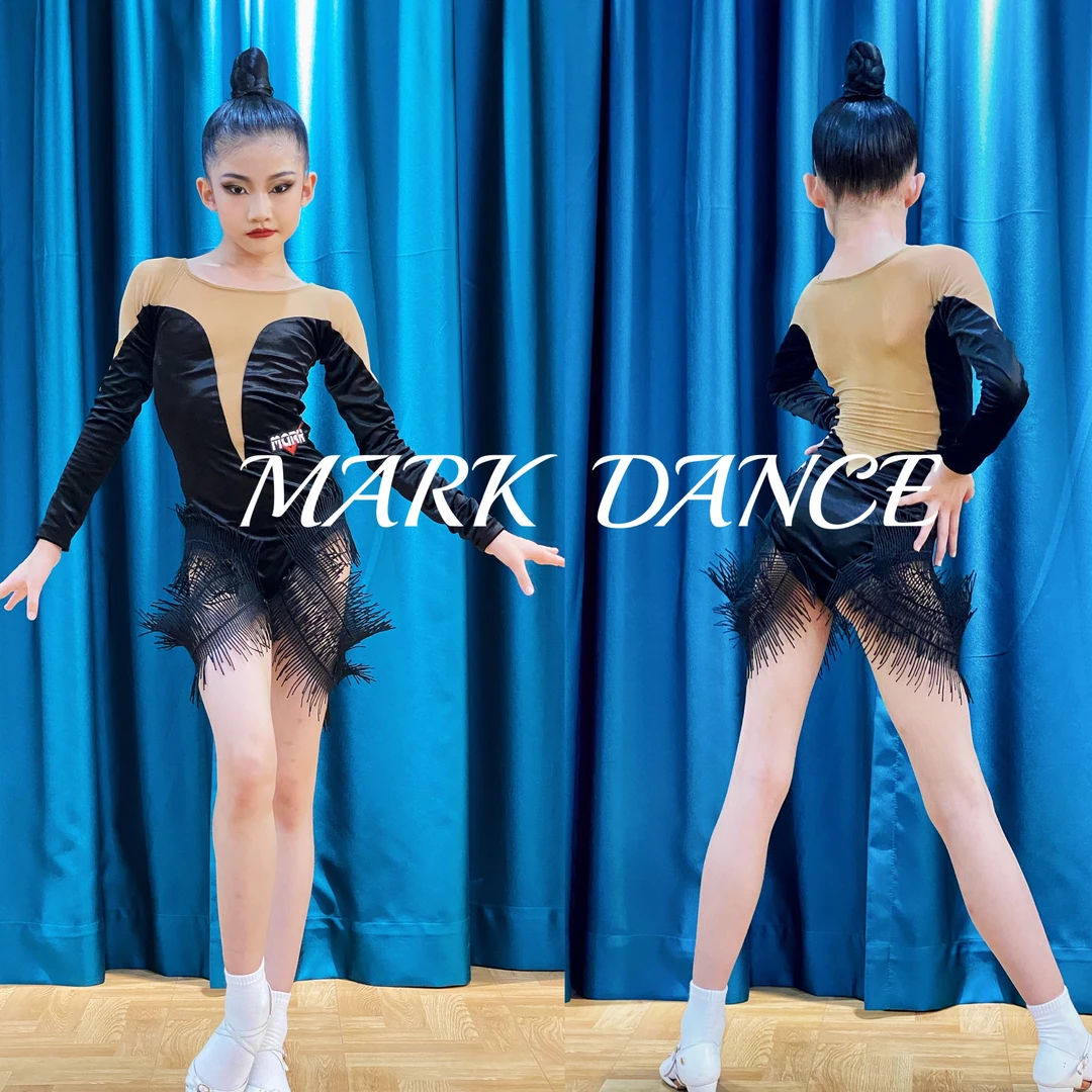 玛珂儿 MARK舞服黑色韩国绒拉丁舞服训练服秋冬长袖女童连体