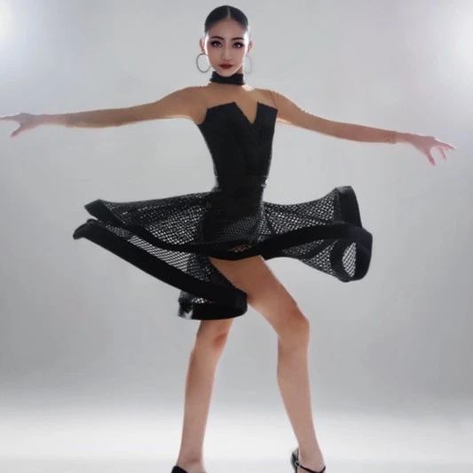 玛珂儿 MARK舞服网格拼接丝绒连衣裙拉丁舞服国标训练