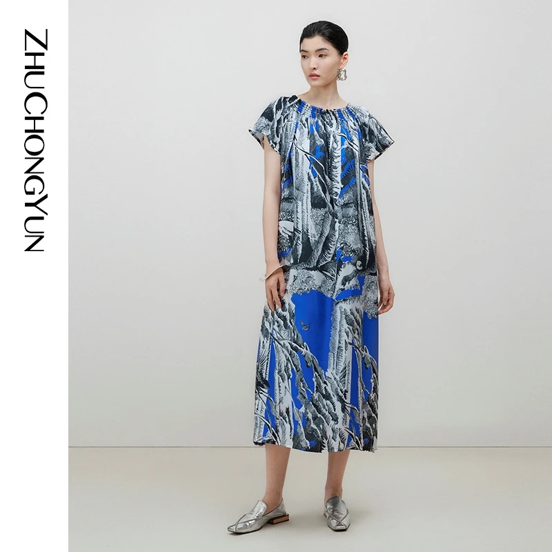 ZHUCHONGYUN夏白鹳花稿宽松圆领配腰带桑蚕丝连衣裙C1CX25026