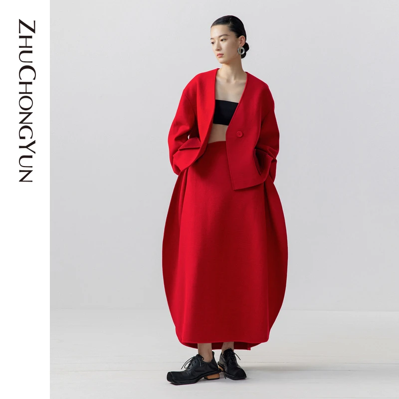 ZHUCHONGYUN设计感宽松落肩红色保暖毛呢短外套设计师C1DE10598