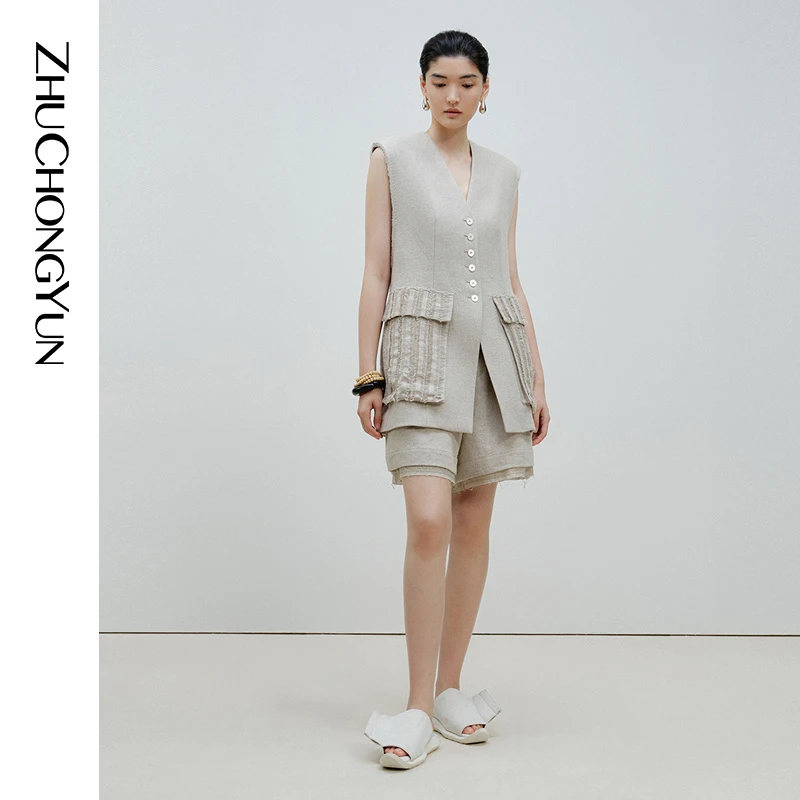 ZHUCHONGYUN夏浅卡其亚麻灯笼南瓜裤短裤子C1EG20195