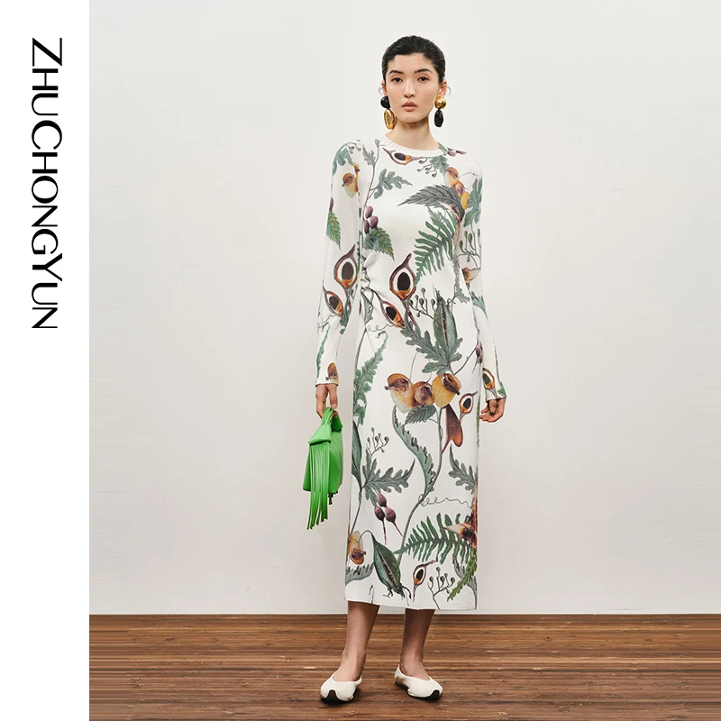 【果羽秋实】ZHUCHONGYUN秋褶裥薄款针织连衣裙C1EG3726M