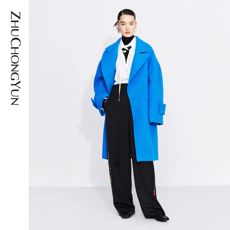 【防寒】ZHUCHONGYUN绵羊毛中长款大衣翻领直筒毛呢外套C1CX40248
