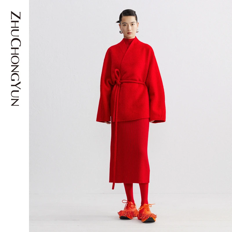 【新年系列】ZHUCHONGYUN冬红色中式斜门襟羊毛外套C1DE42718